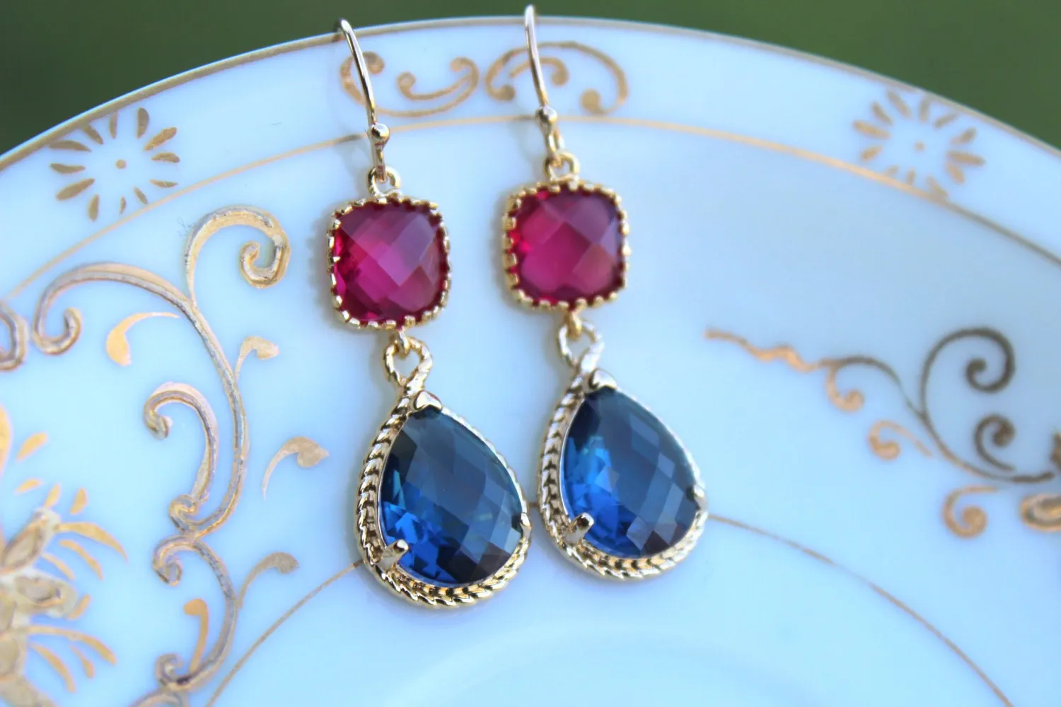 Sapphire Navy Blue Earrings Fuchsia Pink Earrings Gold Two Tier Pink Bridesmaid Earrings Wedding Earrings Fuchsia Navy Bridesmaid Jewelry