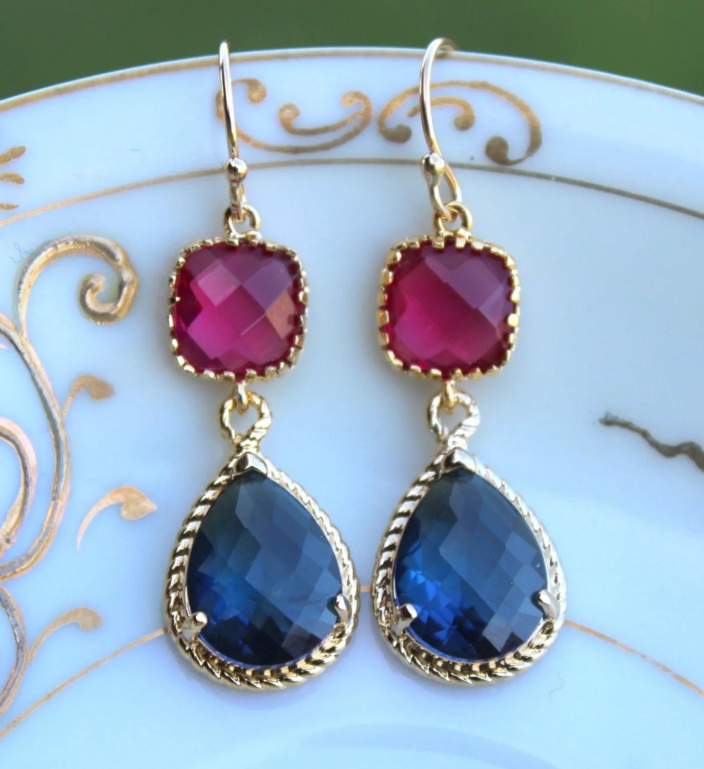 Sapphire Navy Blue Earrings Fuchsia Pink Earrings Gold Two Tier Pink Bridesmaid Earrings Wedding Earrings Fuchsia Navy Bridesmaid Jewelry