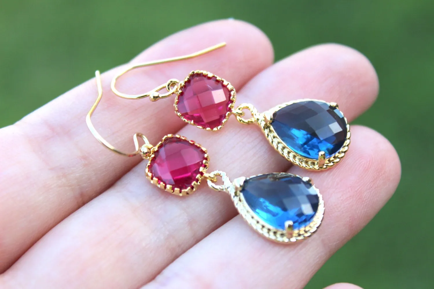 Sapphire Navy Blue Earrings Fuchsia Pink Earrings Gold Two Tier Pink Bridesmaid Earrings Wedding Earrings Fuchsia Navy Bridesmaid Jewelry