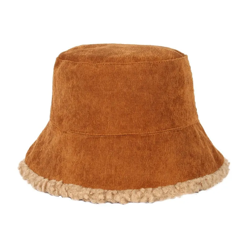 SHATANGJU Winter Bucket Hats Women Warming Panama Hat Lady Fluffy Corduroy Double-Side Wear Outdoor Fisherman Cap Hat for Women