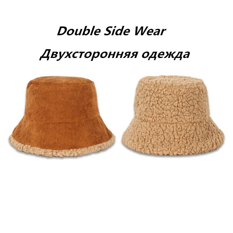 SHATANGJU Winter Bucket Hats Women Warming Panama Hat Lady Fluffy Corduroy Double-Side Wear Outdoor Fisherman Cap Hat for Women