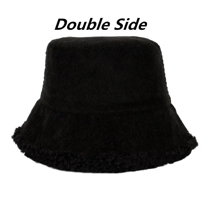 SHATANGJU Winter Bucket Hats Women Warming Panama Hat Lady Fluffy Corduroy Double-Side Wear Outdoor Fisherman Cap Hat for Women