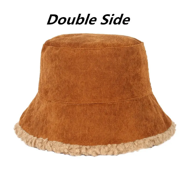 SHATANGJU Winter Bucket Hats Women Warming Panama Hat Lady Fluffy Corduroy Double-Side Wear Outdoor Fisherman Cap Hat for Women