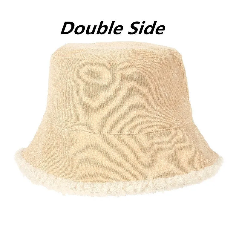 SHATANGJU Winter Bucket Hats Women Warming Panama Hat Lady Fluffy Corduroy Double-Side Wear Outdoor Fisherman Cap Hat for Women