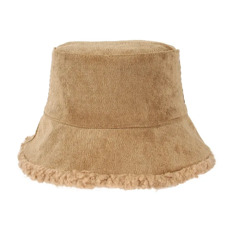 SHATANGJU Winter Bucket Hats Women Warming Panama Hat Lady Fluffy Corduroy Double-Side Wear Outdoor Fisherman Cap Hat for Women