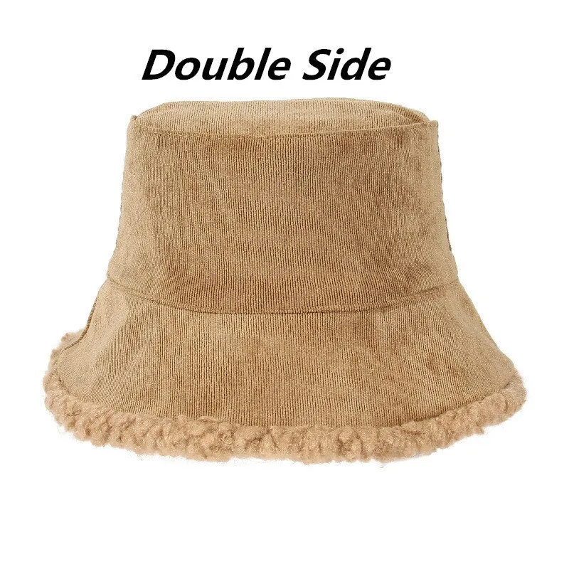 SHATANGJU Winter Bucket Hats Women Warming Panama Hat Lady Fluffy Corduroy Double-Side Wear Outdoor Fisherman Cap Hat for Women