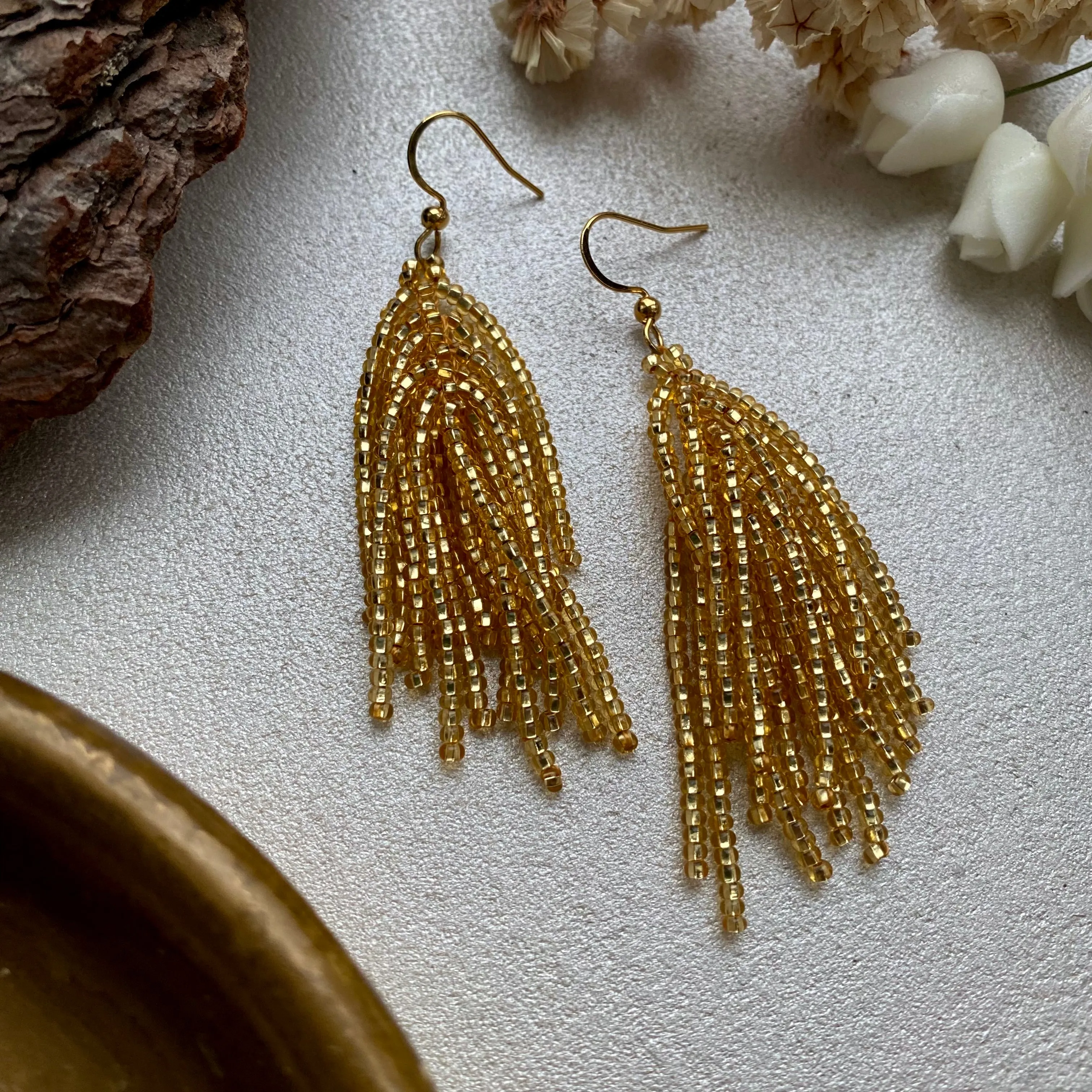 Shiny Gold Seed Bead Tassel Earrings Women, Long dangle Tassle earrings Festive, Bohemian earrings, Boho Earrings, Unique Statement Earrings