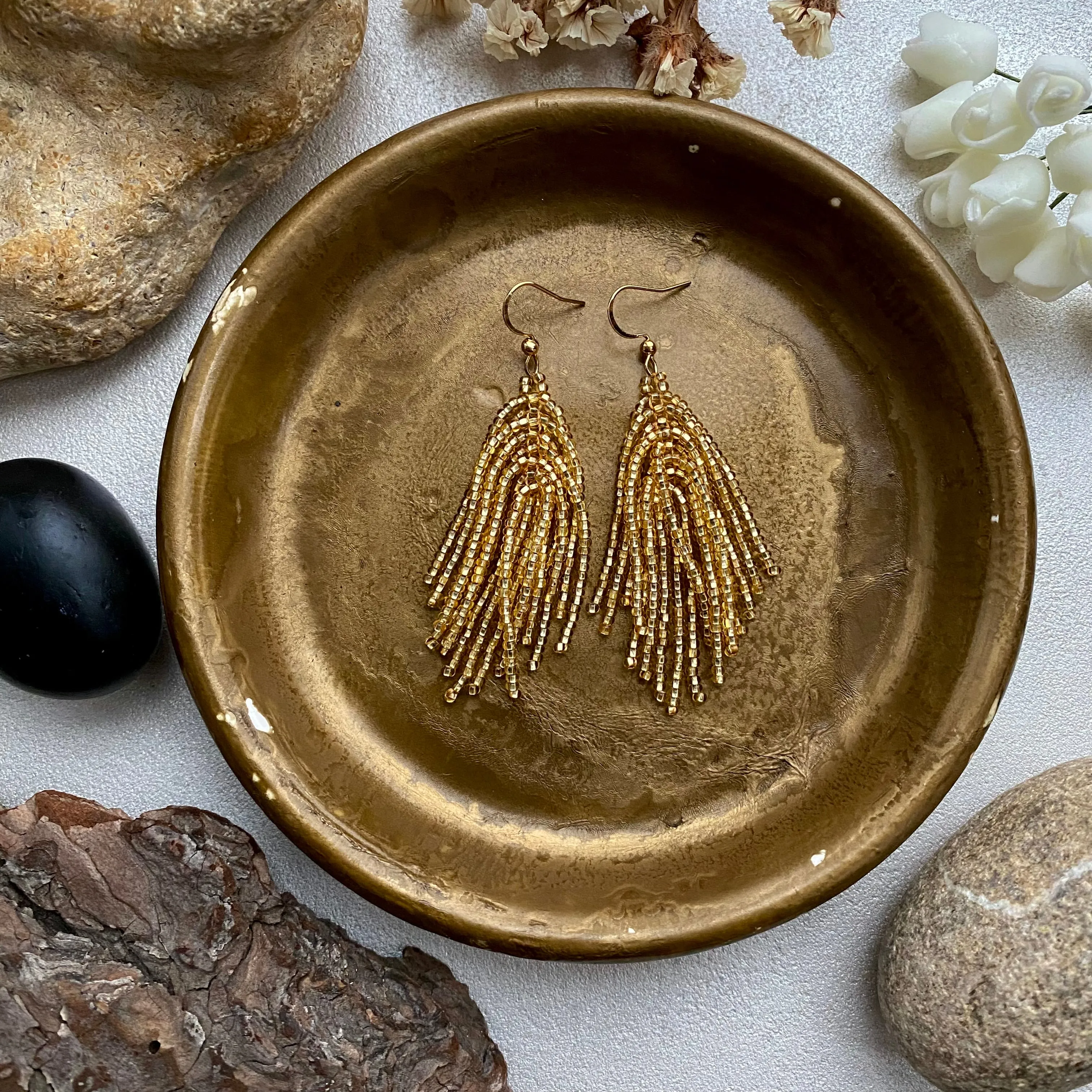 Shiny Gold Seed Bead Tassel Earrings Women, Long dangle Tassle earrings Festive, Bohemian earrings, Boho Earrings, Unique Statement Earrings