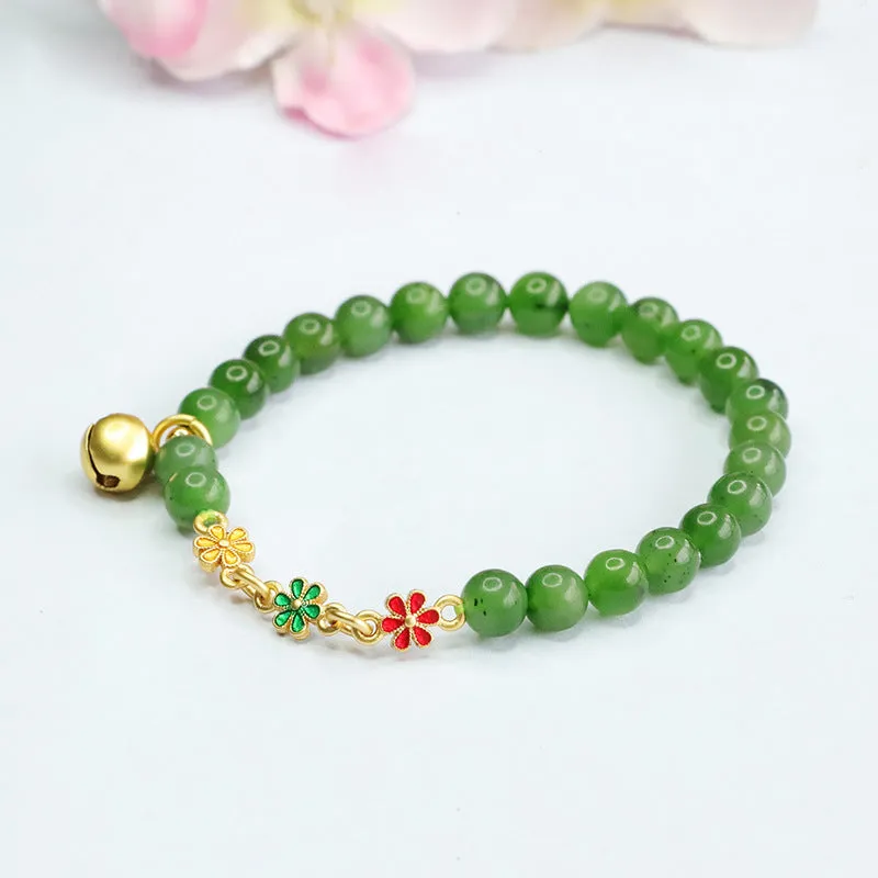 Small Flower Bell Bracelet with Natural Hotan Jade Jasper - Antique Sterling Silver Jewelry