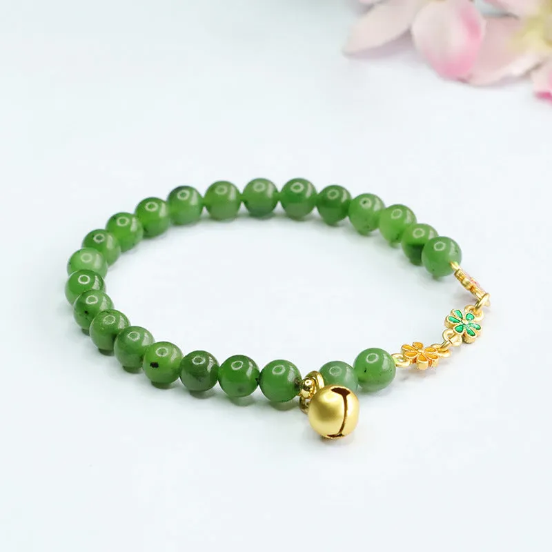 Small Flower Bell Bracelet with Natural Hotan Jade Jasper - Antique Sterling Silver Jewelry