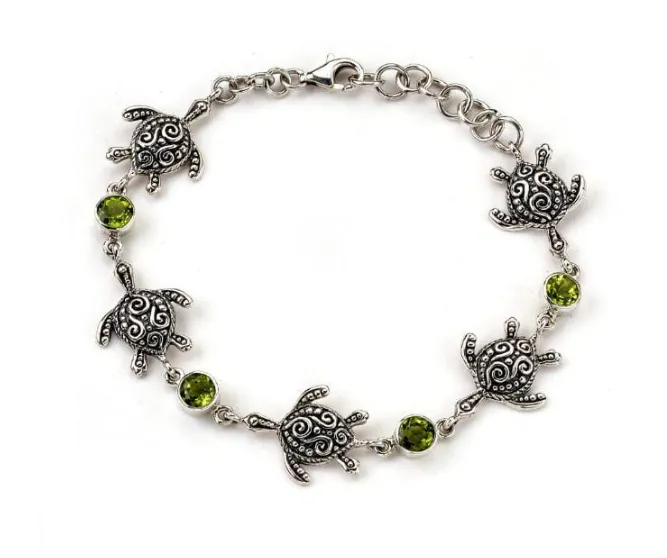 Sterling Silver "Sea Turtle Strand Bracelet" with Peridot