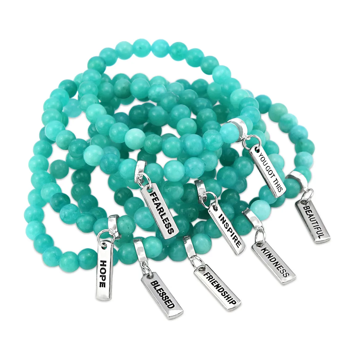 Stone Bracelet - Deep Ocean Jade 8mm Beads - With Silver Word Charm