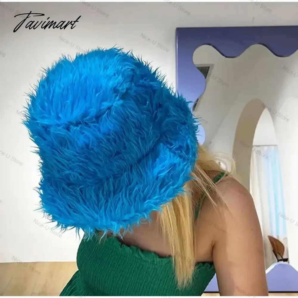 Tavimart Fluffy Fur Fisherman Hat for Women Winter Warm Thick Plush Bucket Hat Lady Luxury Cover Ear Protection Cold Proof Warm Plush Hat