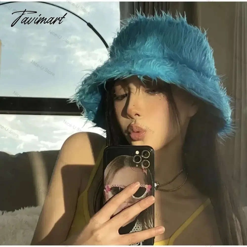 Tavimart Fluffy Fur Fisherman Hat for Women Winter Warm Thick Plush Bucket Hat Lady Luxury Cover Ear Protection Cold Proof Warm Plush Hat