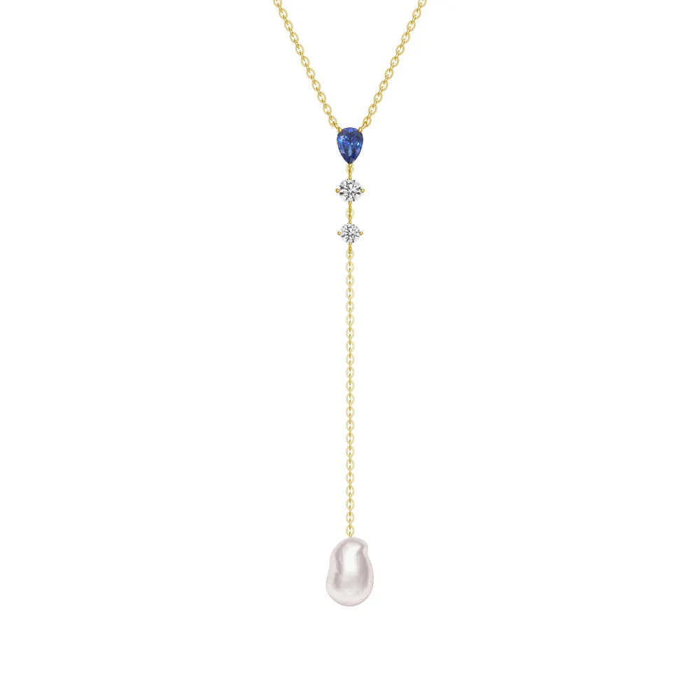 Unique Baroque Pearl and Sapphire Morden Y Lariat Necklace