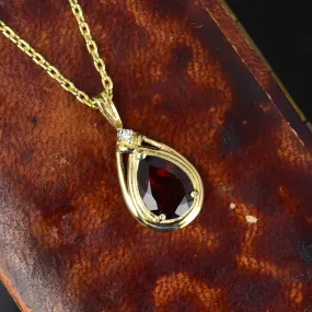 Vintage 10K Gold Pear Cut Garnet Diamond Pendant Necklace