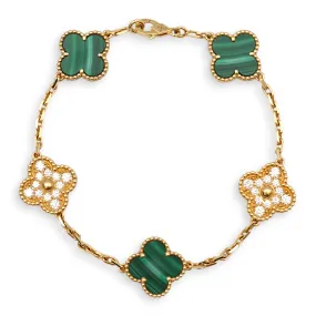 Vintage Alhambra 5 Motifs Malachite Bracelet in Gold