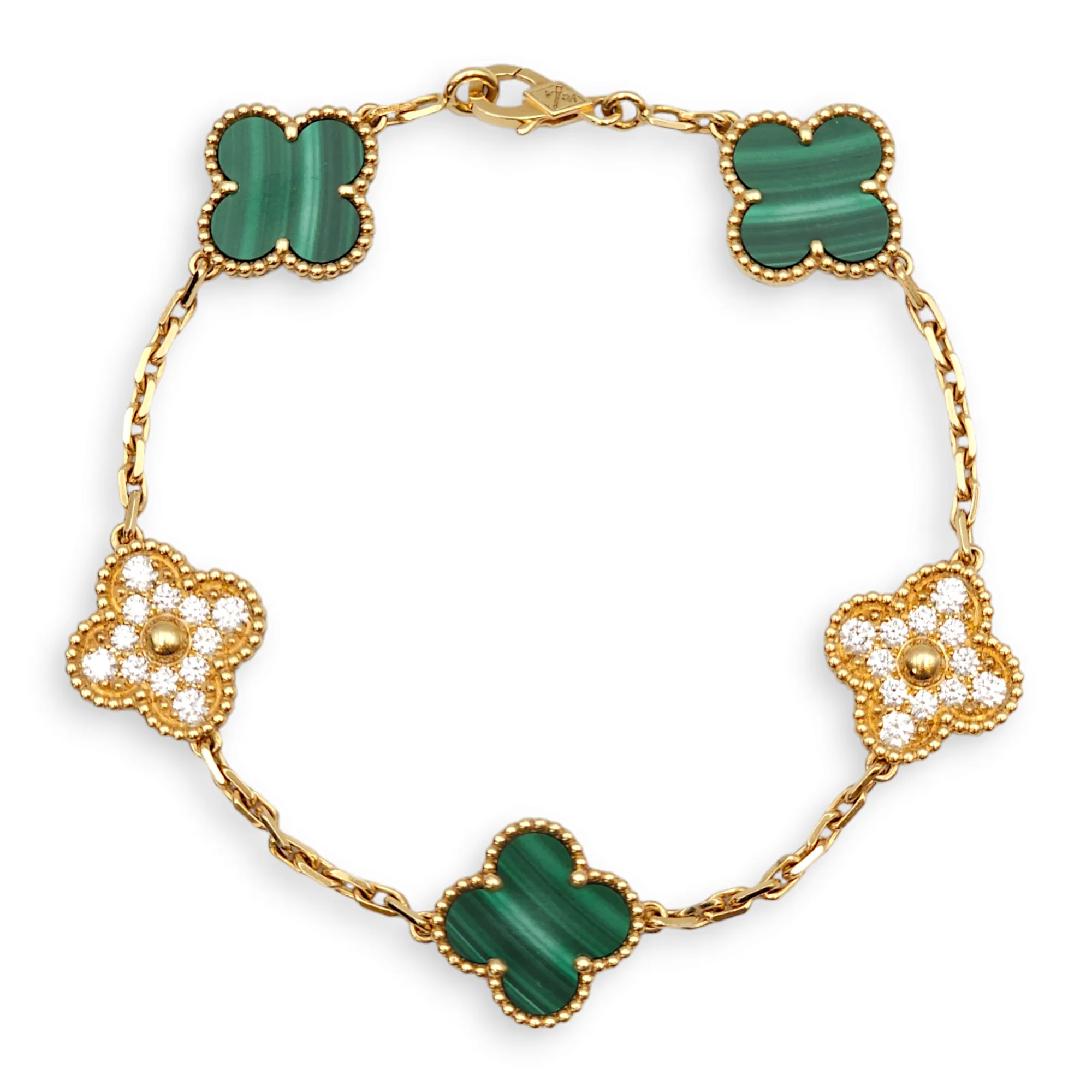 Vintage Alhambra 5 Motifs Malachite Bracelet in Gold