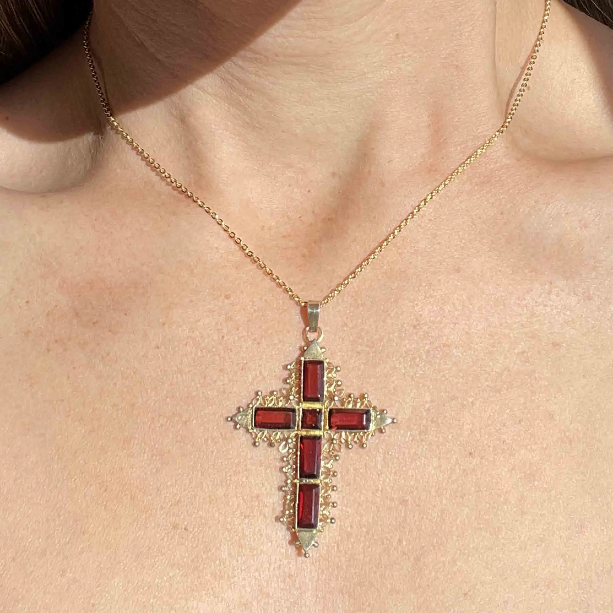 Vintage Gold Vermeil Garnet Cross Pendant Necklace