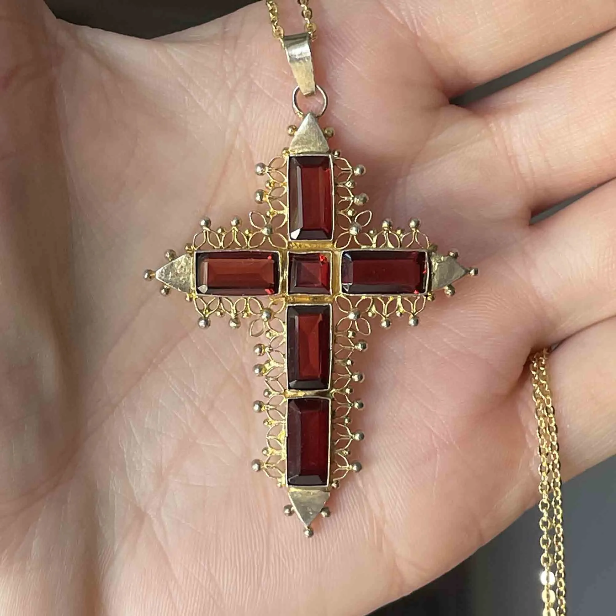 Vintage Gold Vermeil Garnet Cross Pendant Necklace