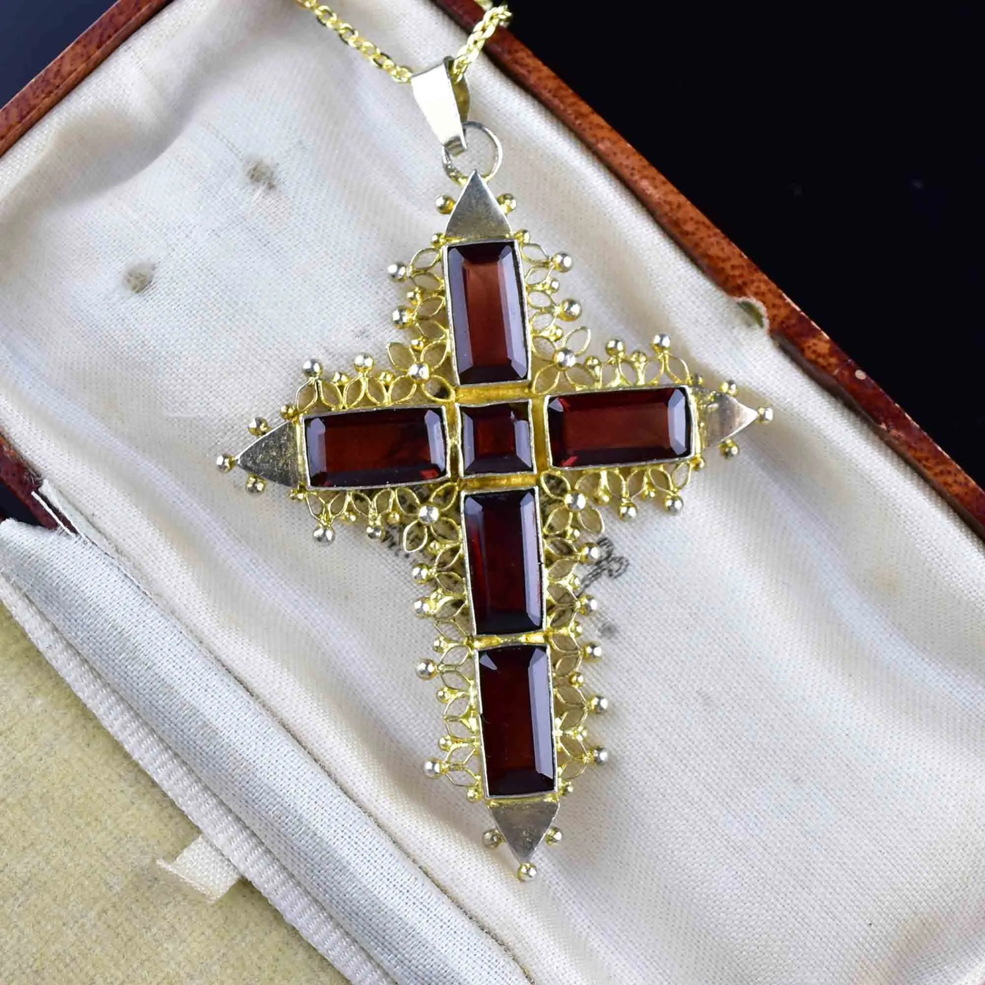 Vintage Gold Vermeil Garnet Cross Pendant Necklace