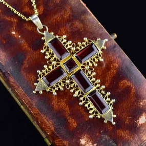 Vintage Gold Vermeil Garnet Cross Pendant Necklace