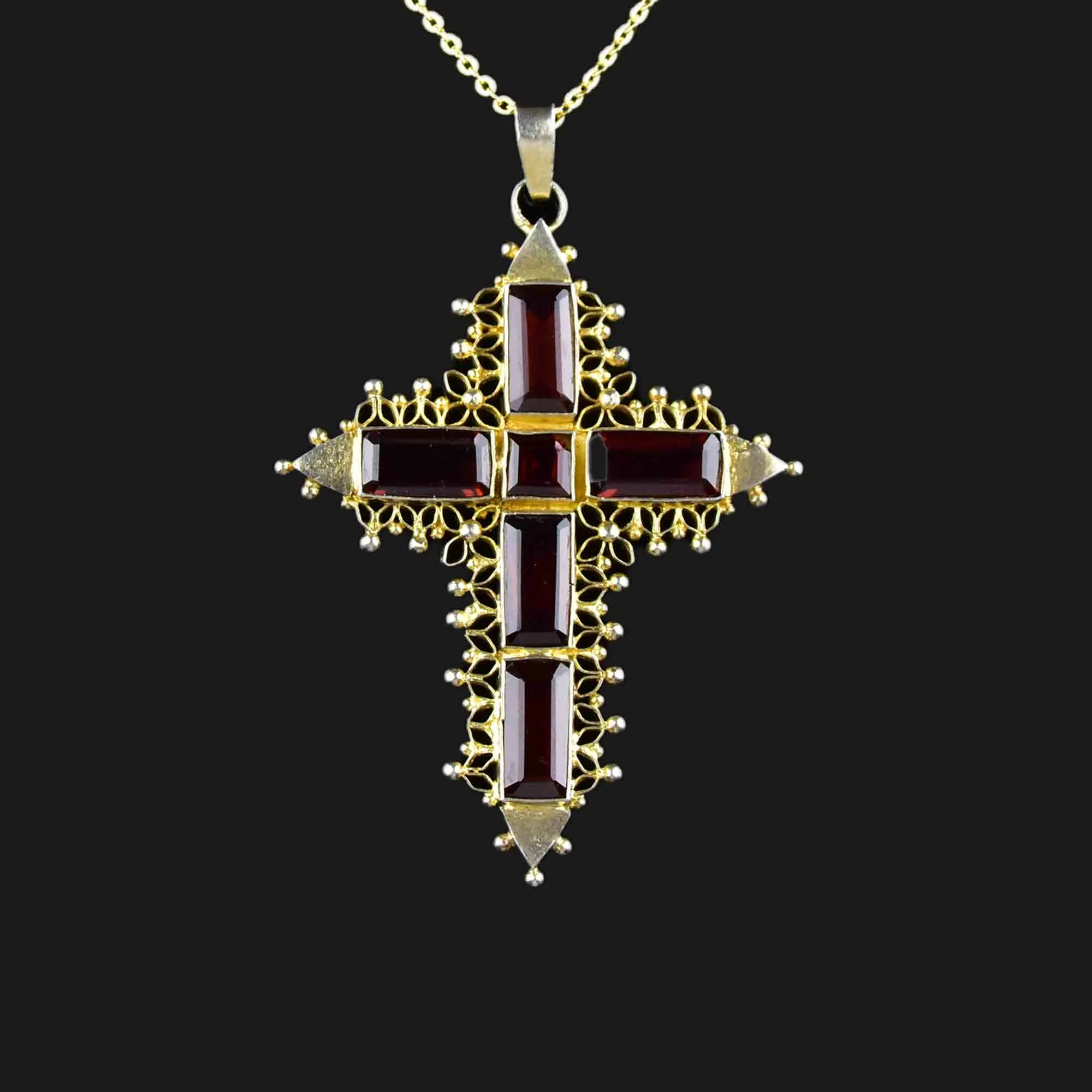 Vintage Gold Vermeil Garnet Cross Pendant Necklace