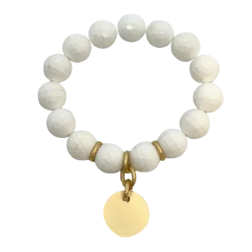White Jade Stretch Bracelet with Matte Gold Disc Charm