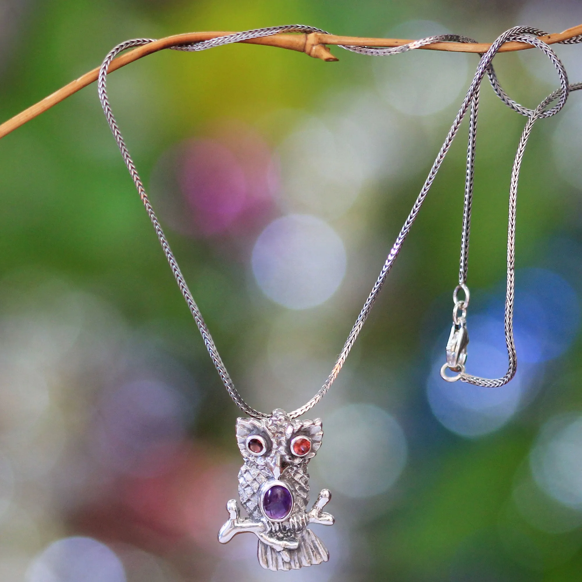 Wise Owl Garnet & Sterling Silver Necklace