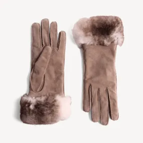 Women's Leather Suede Gloves with Rabbit Fur Trim - Cream