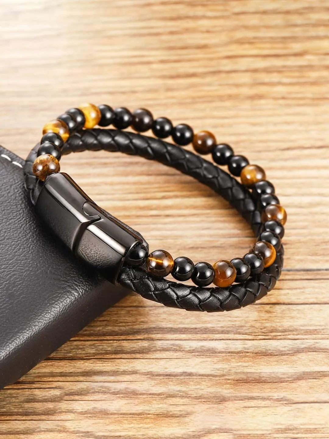 Yellow Chimes Bracelet For Men Black and Orange Beaded Stretchable Bracelet For Men and Boys