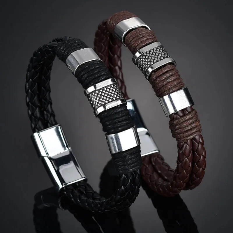 Young King's Leather and Alloy Braided Bracelets
